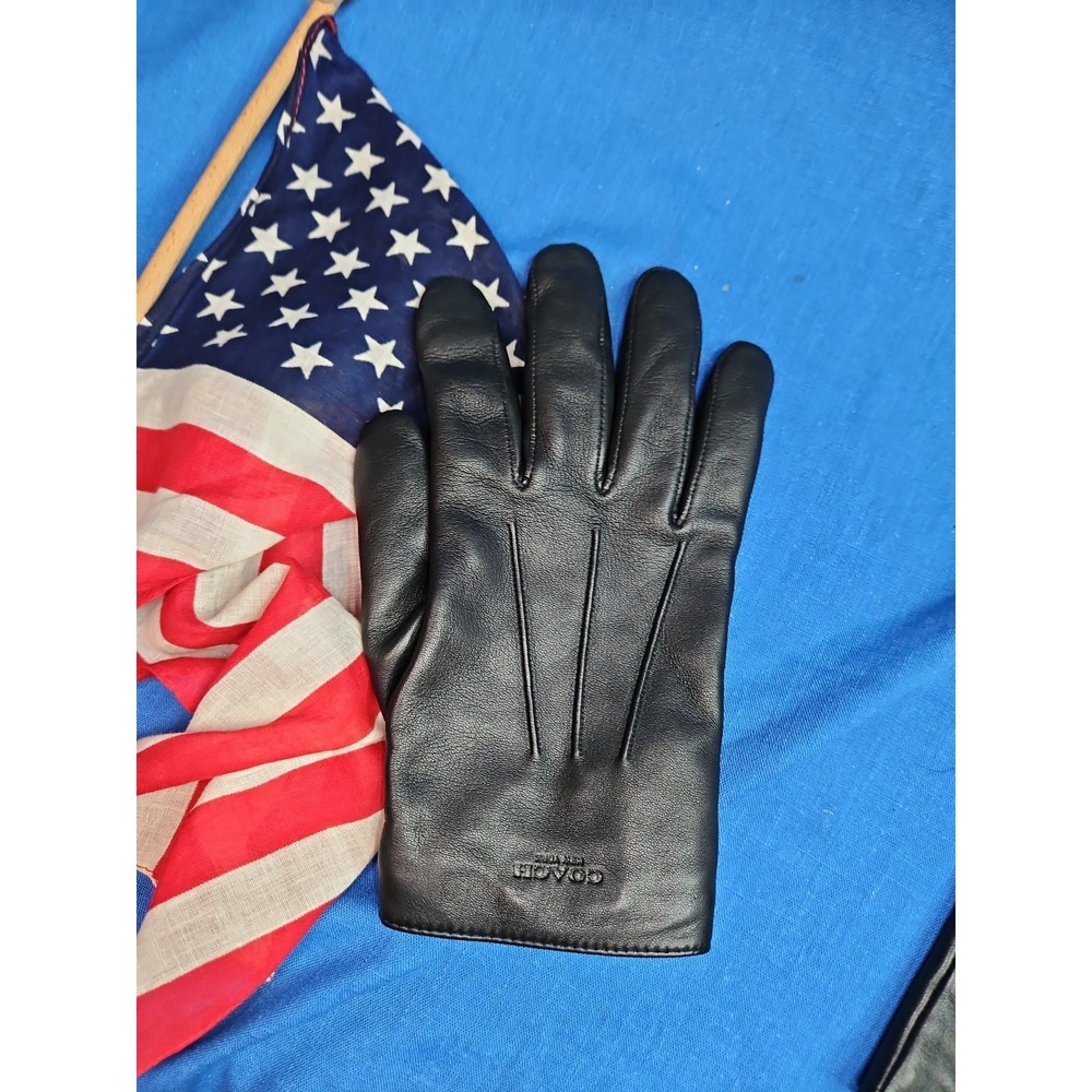 Coach Black Leather Tech Touchscreen Gloves Lambskin Wool Lined Size L EXCELLENT